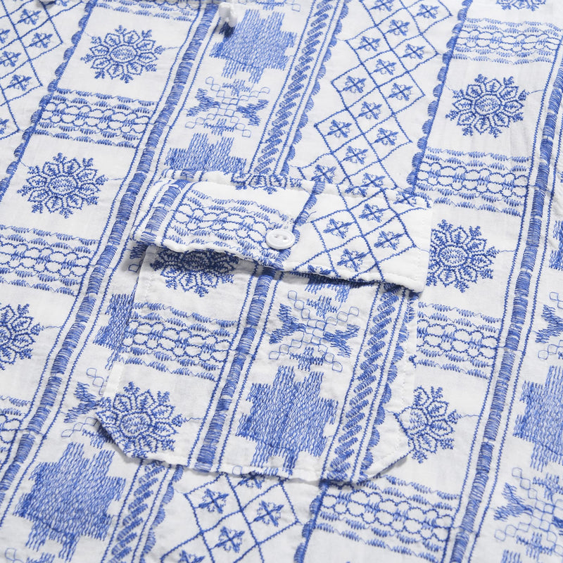 Engineered Garments Cagoule Shirt Blue/White CP Embroidery Pocket Detail