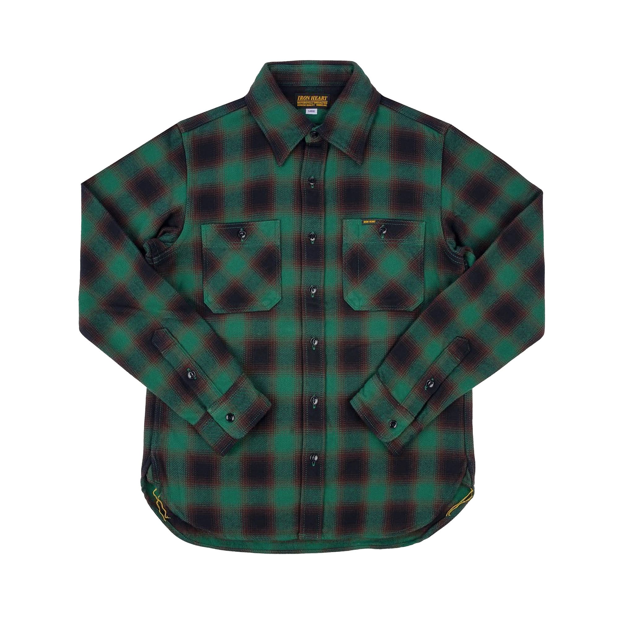Iron Heart IHSH-379-GRN Ultra Heavy Flannel Ombr Check Work Shirt | Green | BlackBlue Iron Heart IHSH-379-GRN Ultra Heavy Flannel Ombr Check Work Shirt | Green | BlackBlue