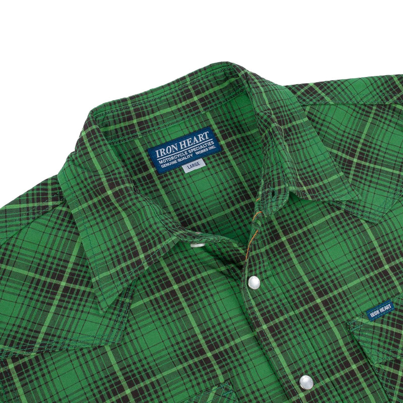 IHSH-386-GRN 5oz Selvedge Short Sleeved Western Shirt - Green Vintage Check
