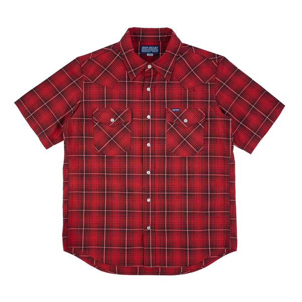 IHSH-386-RED 5oz Selvedge Short Sleeved Western Shirt - Red Vintage Check