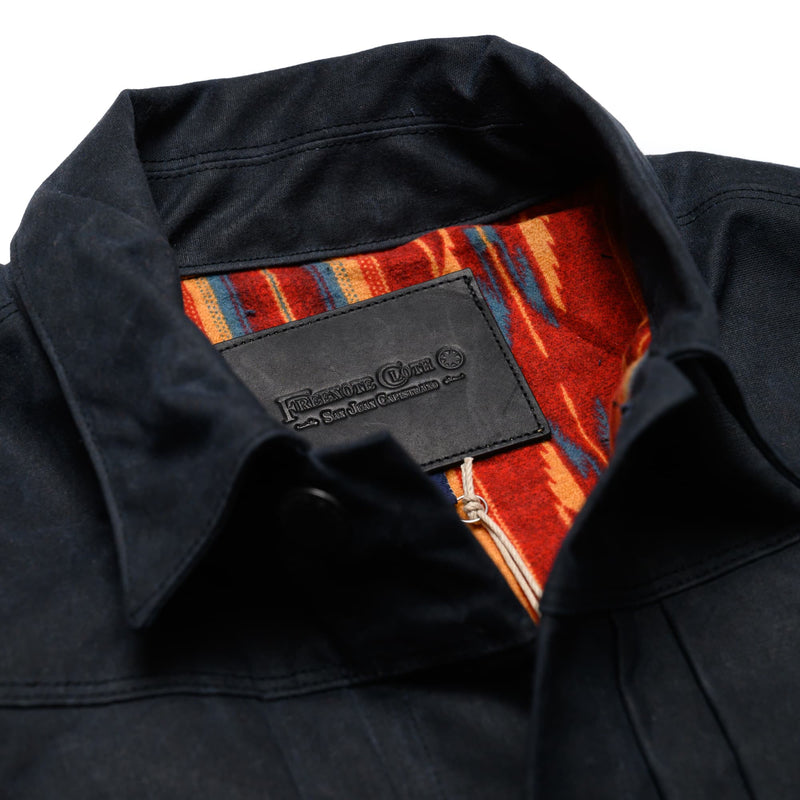 Freenote Cloth RJ-1 Riders Jacket Waxed Canvas Black (Red Interior) - Collar Detail