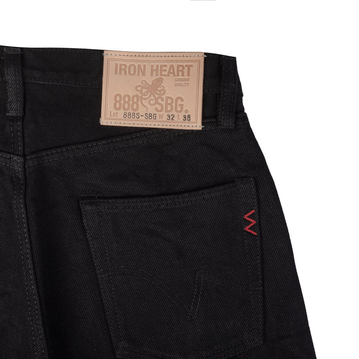 IH-888S-SBG 21oz Selvedge Denim Medium High Rise Tapered Cut Jeans Superblack Fades To Grey Patch Detail