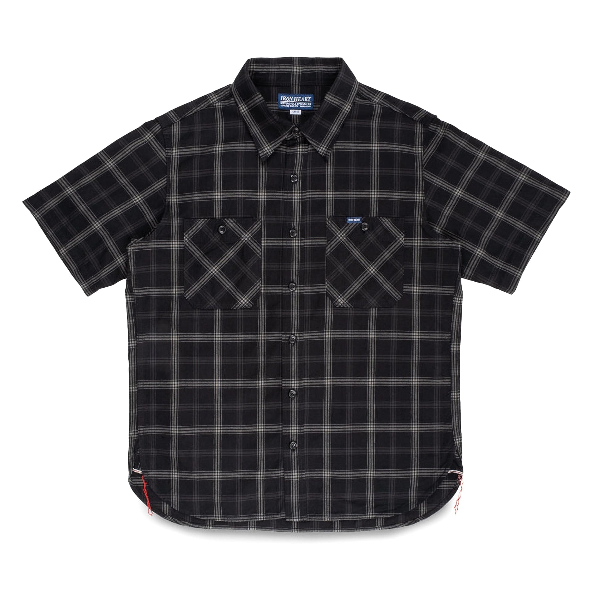 IHSH-419-BLK 5oz Selvedge Short Sleeved Madras Check Work Shirt - Black