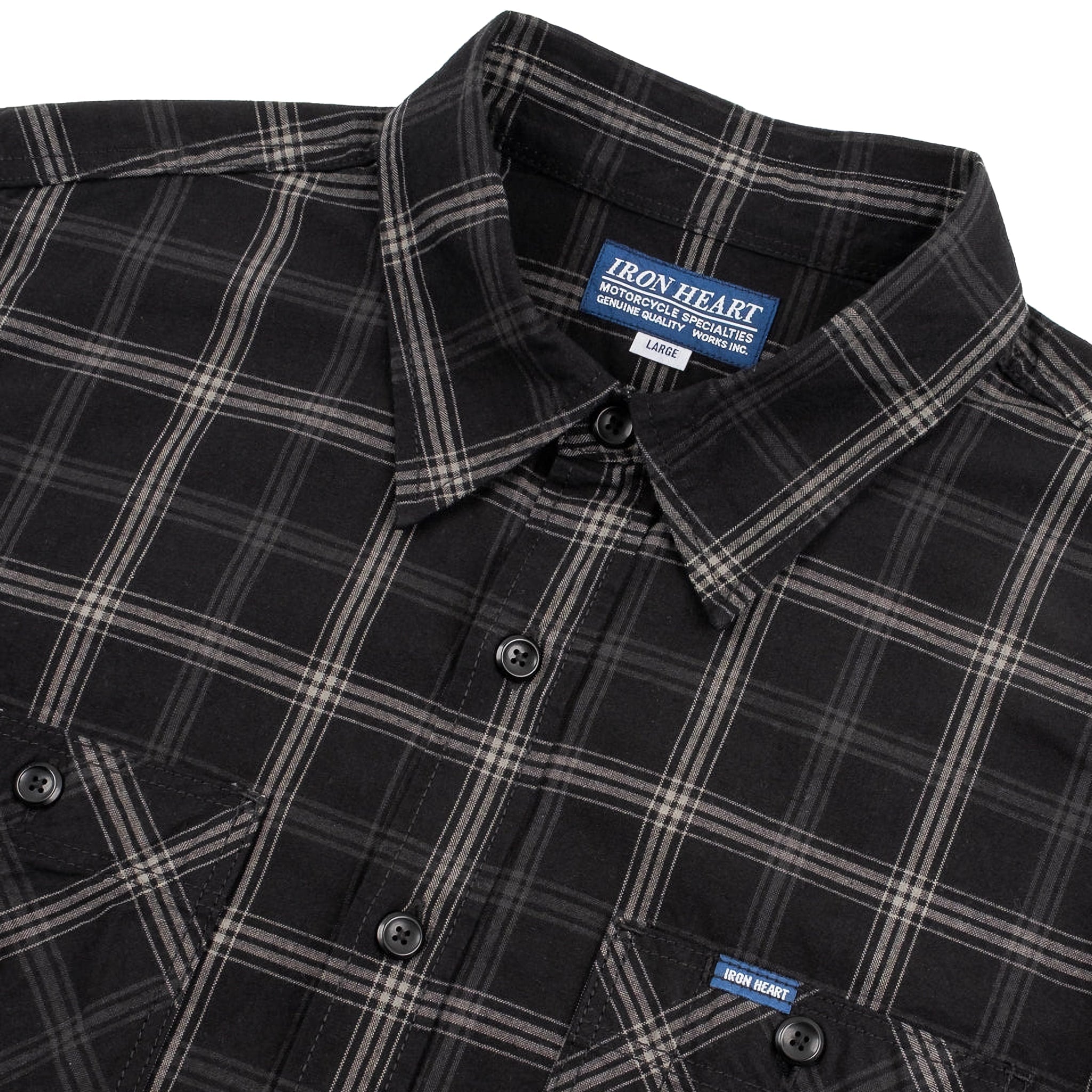IHSH-419-BLK 5oz Selvedge Short Sleeved Madras Check Work Shirt - Black
