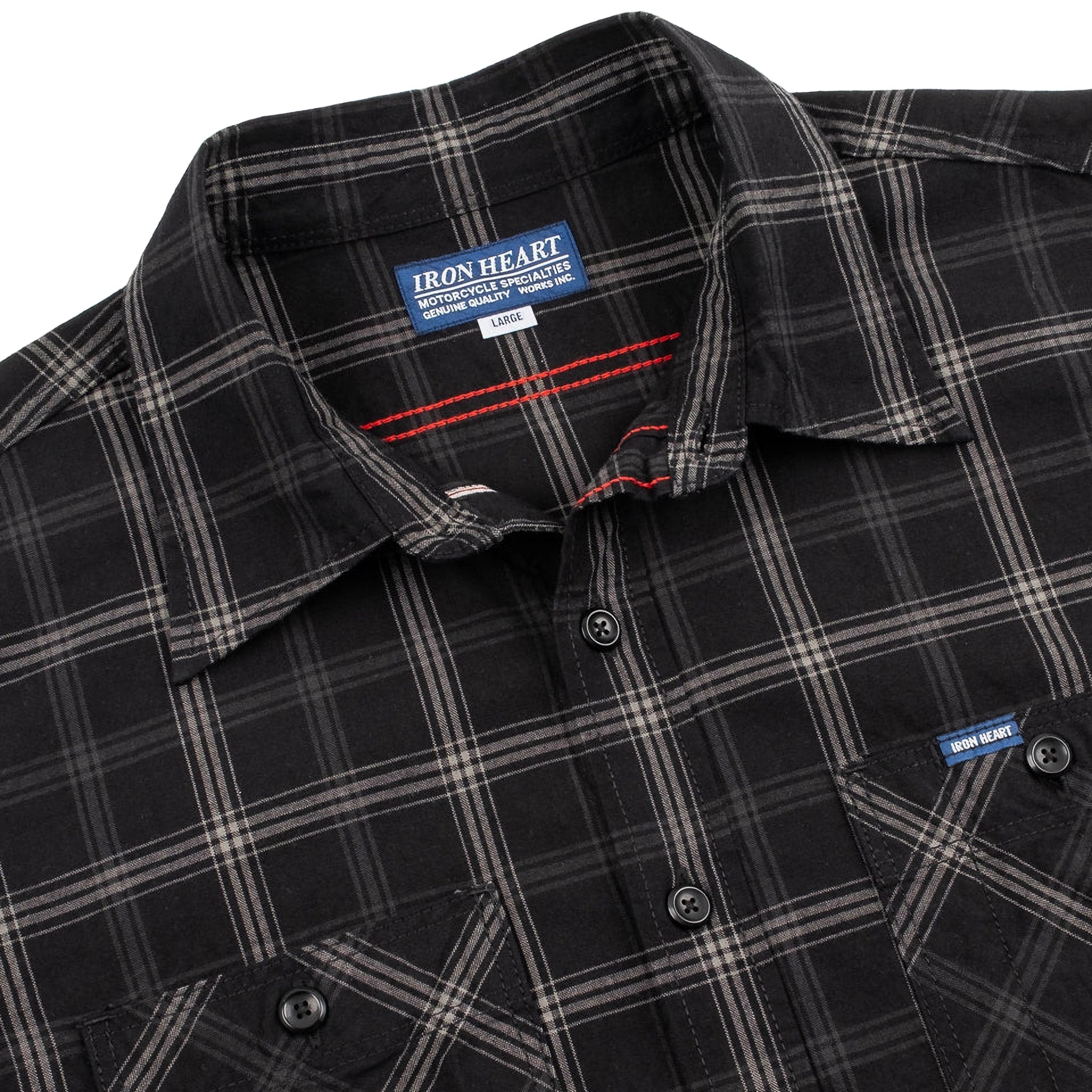 IHSH-419-BLK 5oz Selvedge Short Sleeved Madras Check Work Shirt - Black