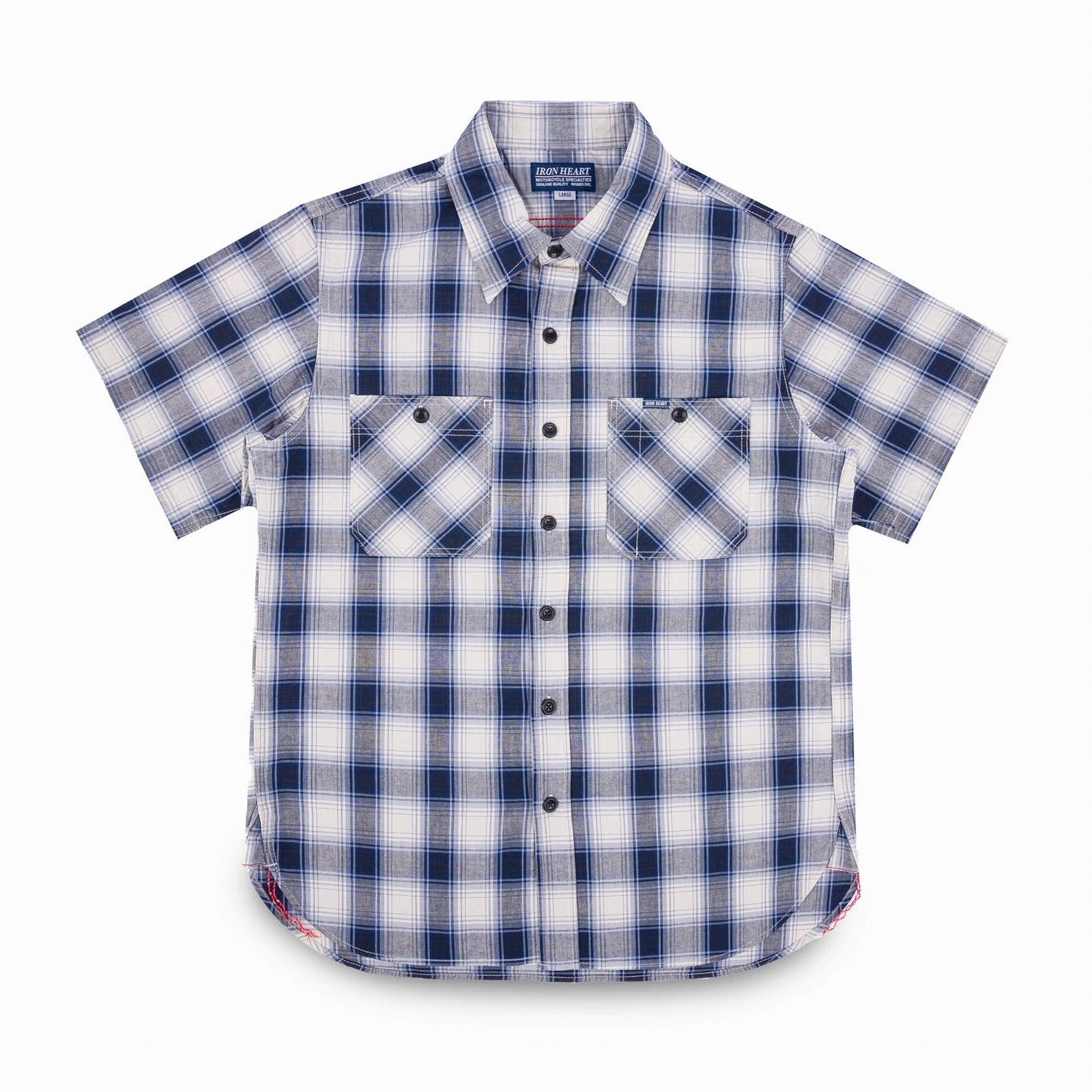 IHSH-419-BLU 5oz Selvedge Short Sleeved Madras Check Work Shirt - Blue