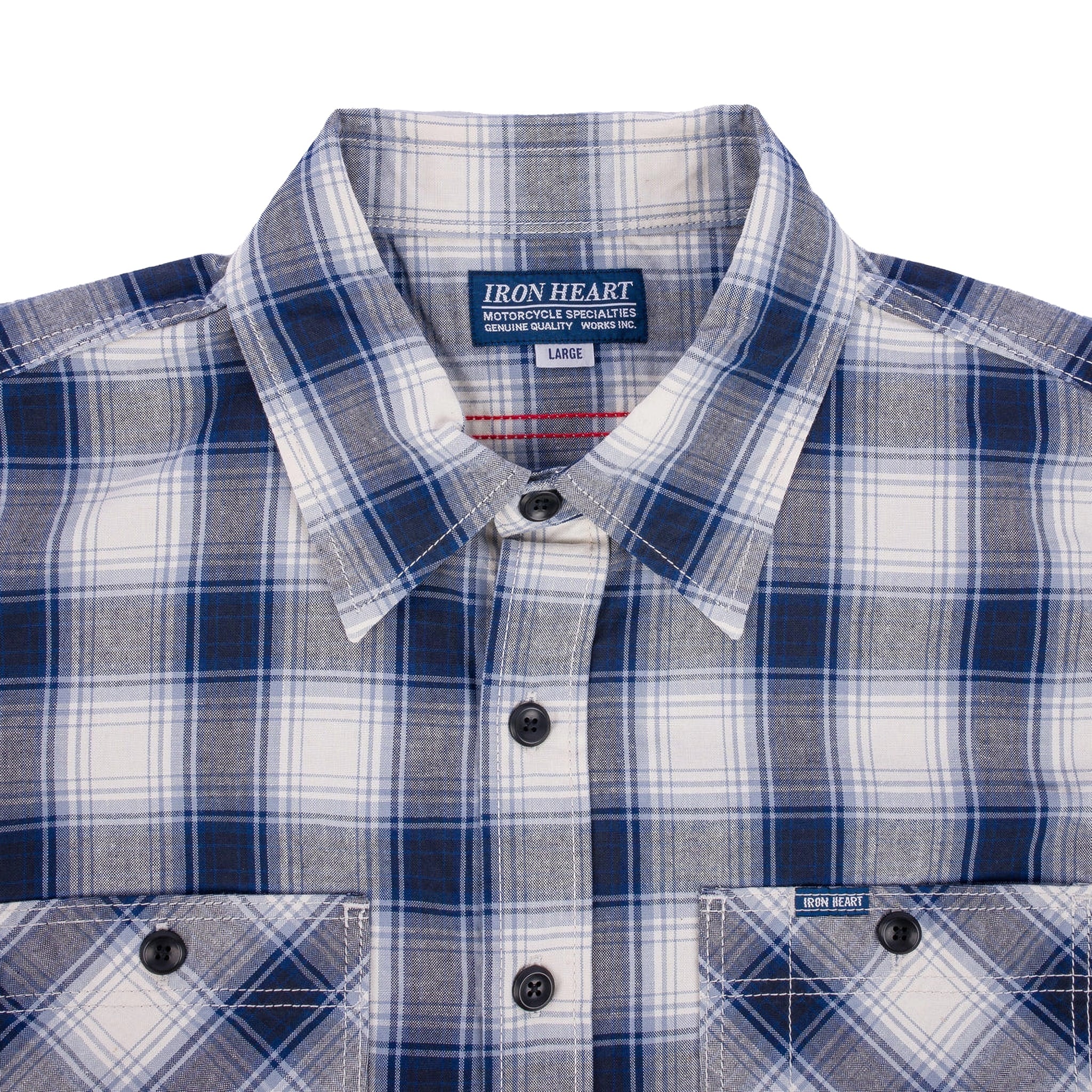 IHSH-419-BLU 5oz Selvedge Short Sleeved Madras Check Work Shirt - Blue