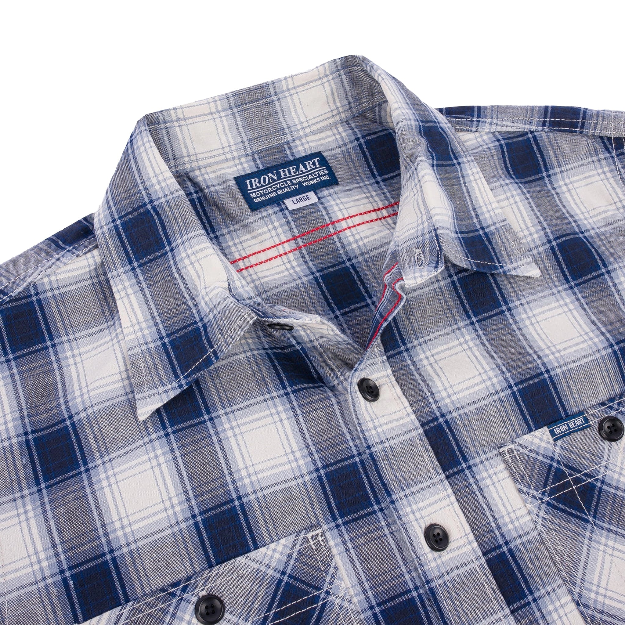 IHSH-419-BLU 5oz Selvedge Short Sleeved Madras Check Work Shirt - Blue