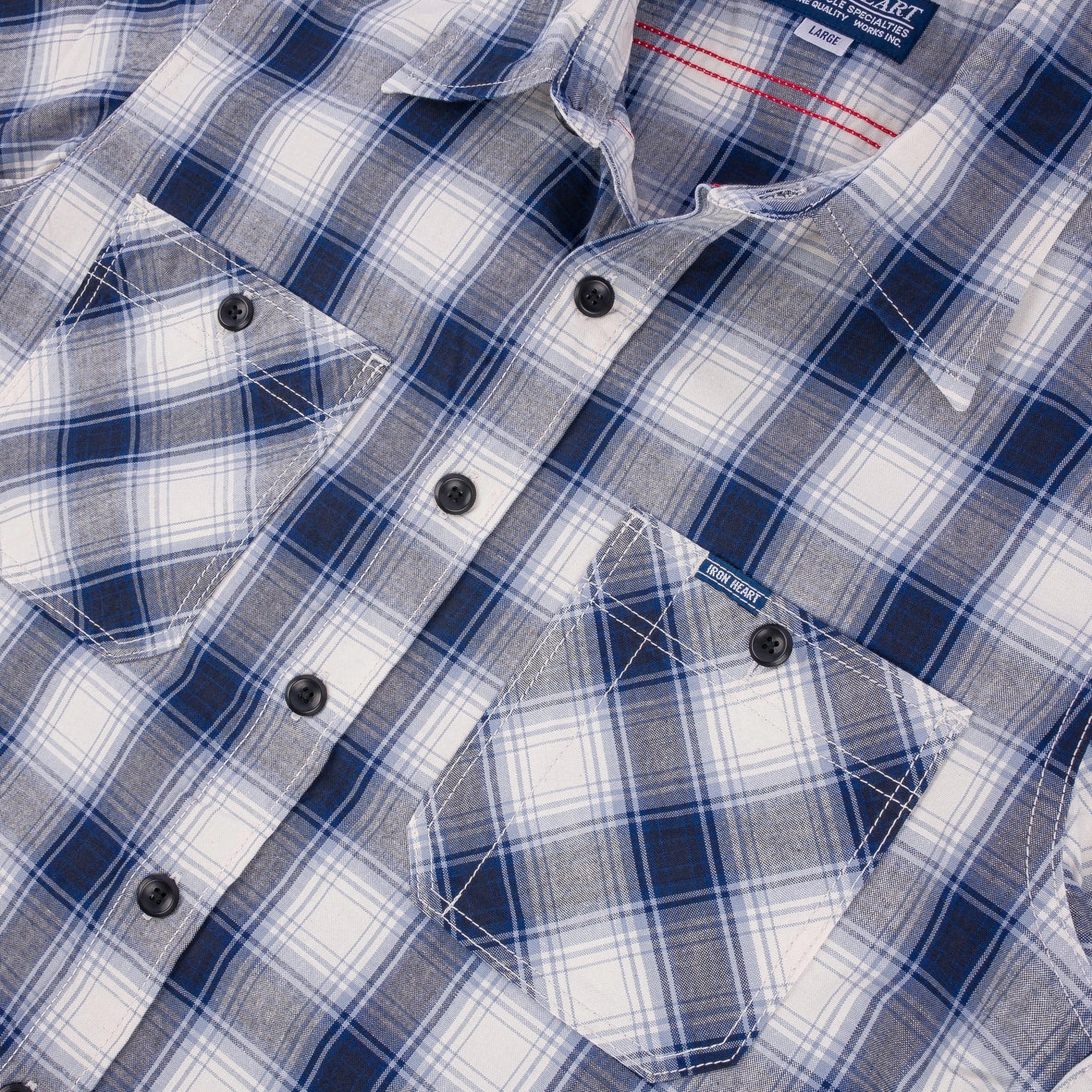 IHSH-419-BLU 5oz Selvedge Short Sleeved Madras Check Work Shirt - Blue