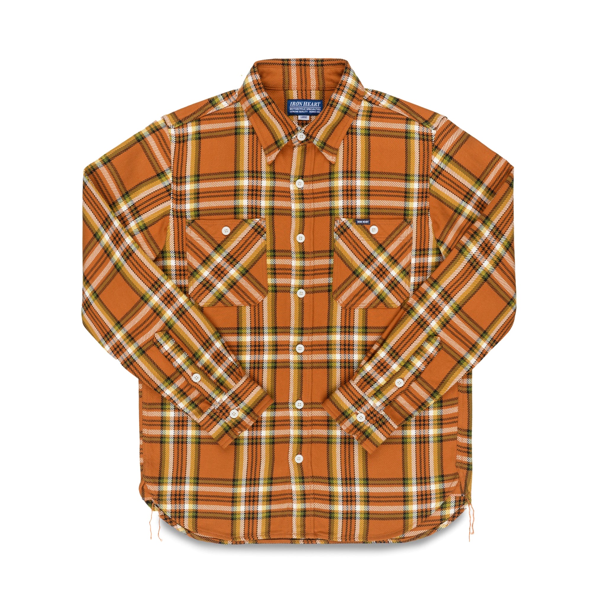 Iron Heart IHSH-442-ORA 9oz Selvedge Flannel Check Work Shirt