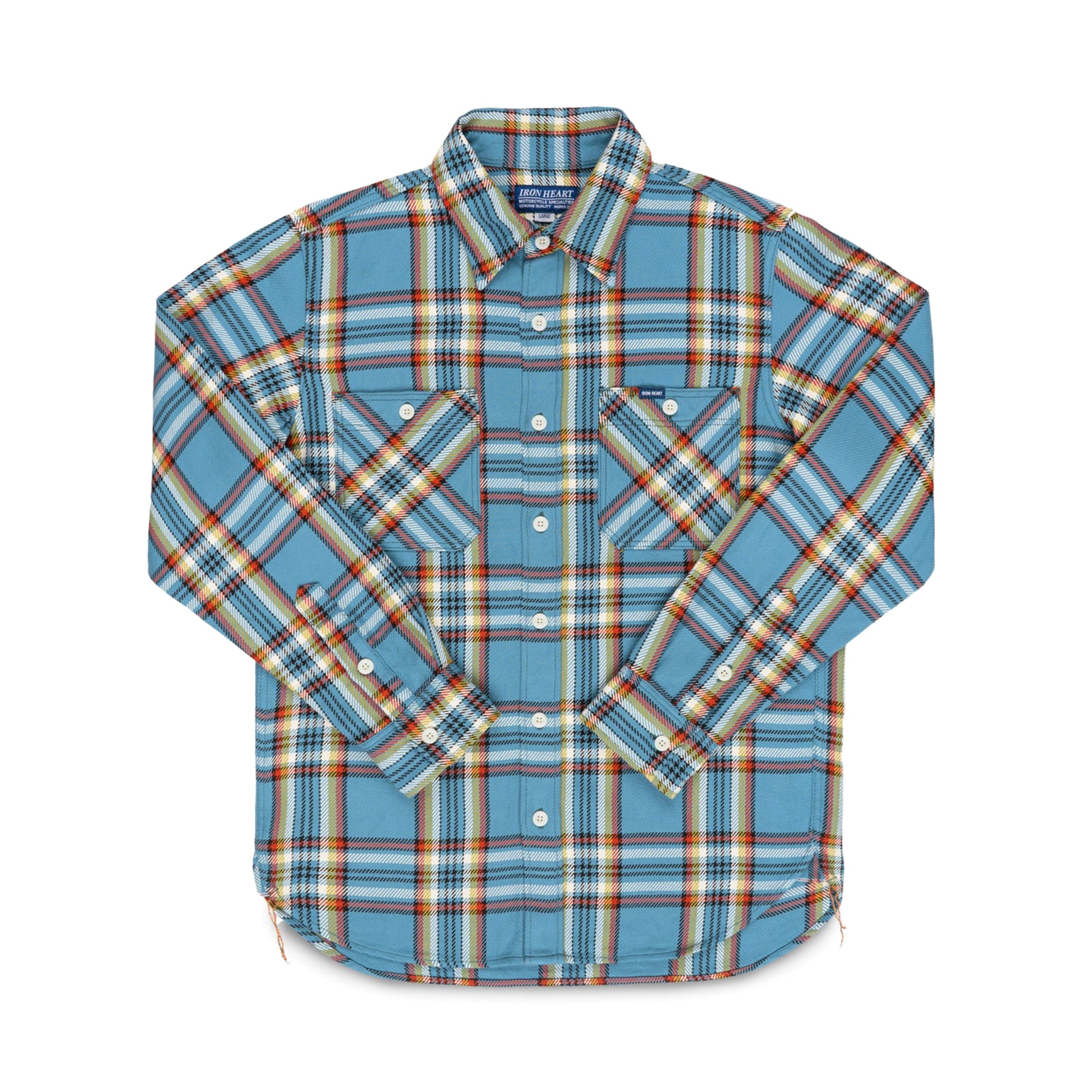 Iron Heart IHSH-442-SAX 9oz Selvedge Flannel Check Work Shirt Sax