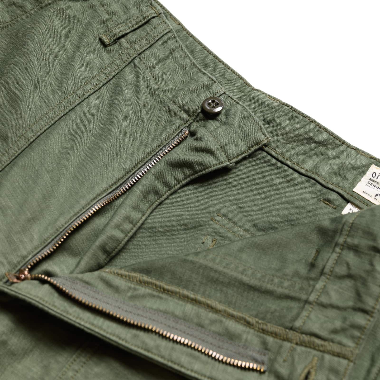 orSlow US ArmyFatigue Short Green Zipper Fly Detail