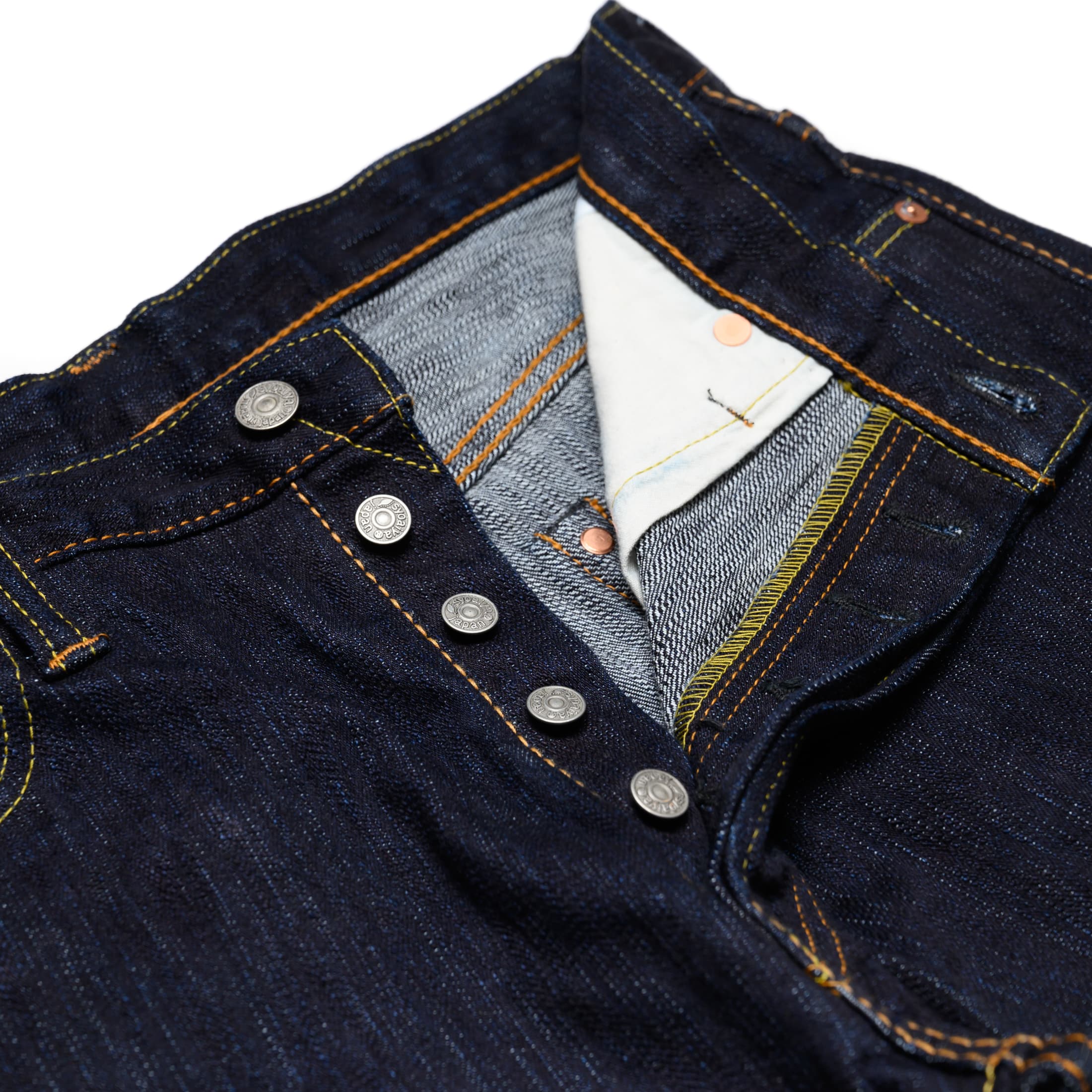 Pure Blue Japan 1167 13oz Extra Slub Stretch Selvedge Denim Relaxed Tapered Indigo Button Fly Detail