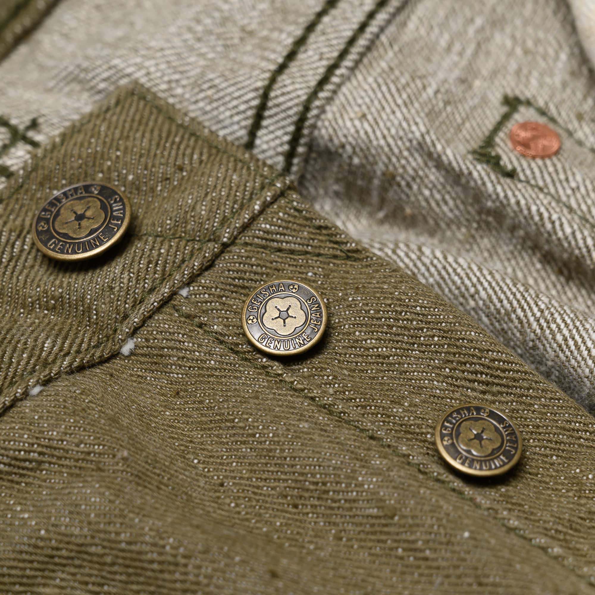 Samurai S0170GNX Uguisu Green Denim Slim Straight Tapered Hardware Detail