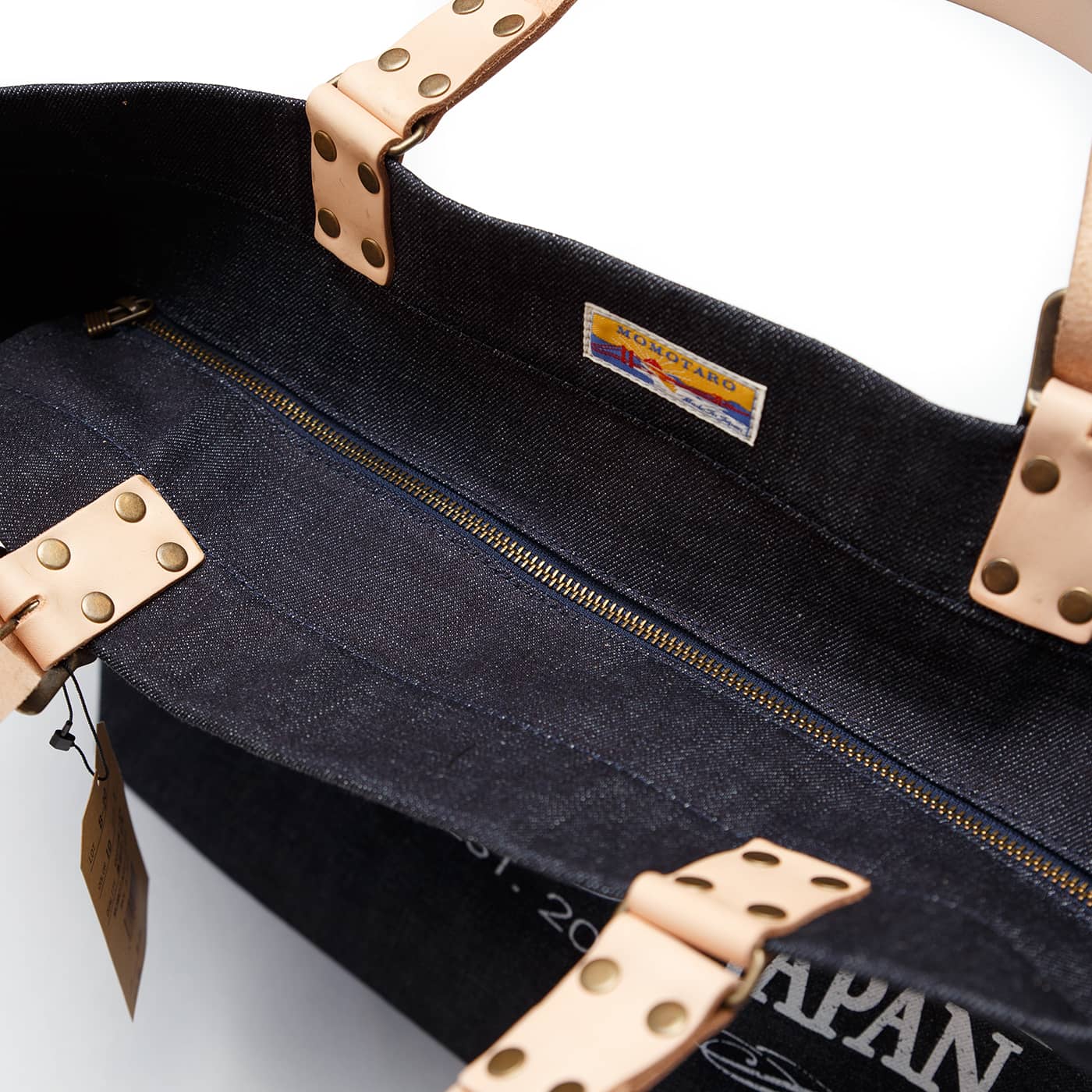 Momotaro Leather Handle Denim Tote Zipper Detail