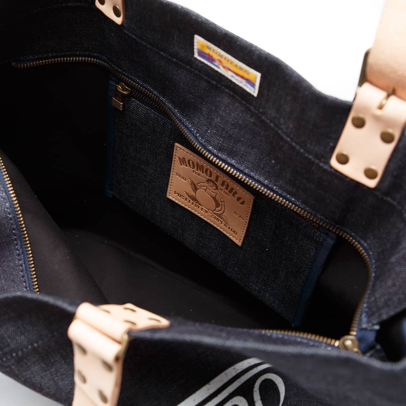 Momotaro Leather Handle Denim Tote Leather Patch Detail