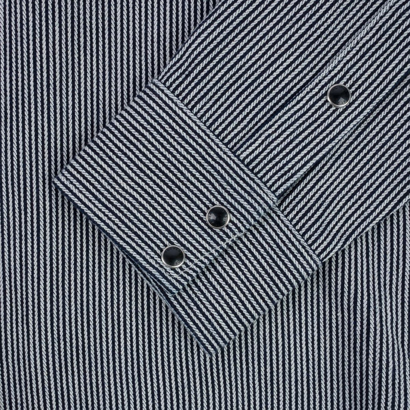 Iron Heart IHSH-365-IND 8oz Herringbone Hickory Stripe Sawtooth Western Shirt Indigo Cuff Snap Detail