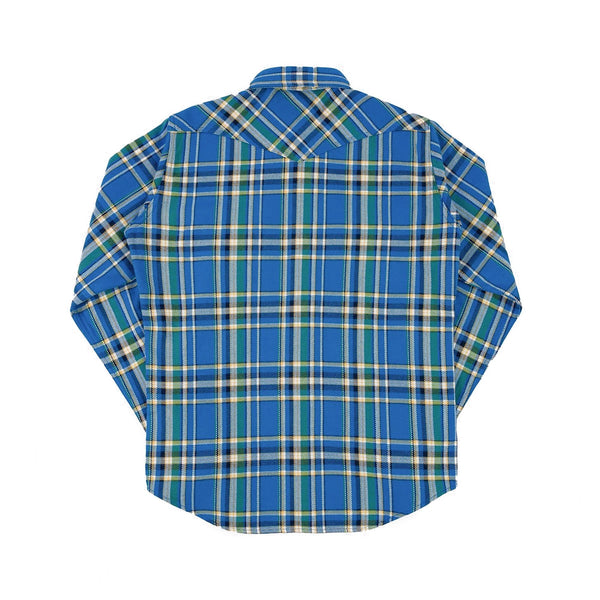 Iron Heart IHSH-370-BLU Ultra Heavy Flannel Tartan Check Western Shirt Blue Rear
