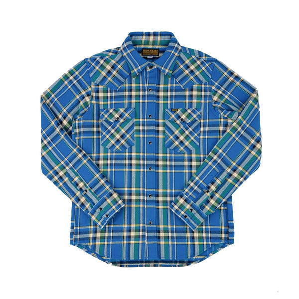 Iron Heart IHSH-370-BLU Ultra Heavy Flannel Tartan Check Western Shirt Blue Front