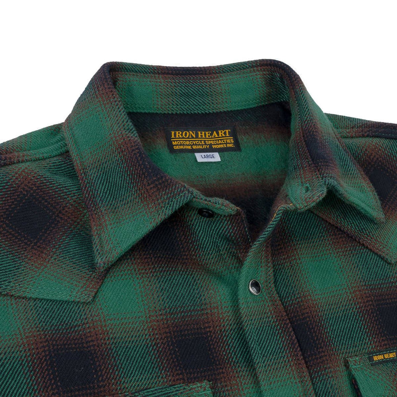 IHSH-373-GRN Ultra Heavy Flannel Ombré Check Western Shirt Green Collar