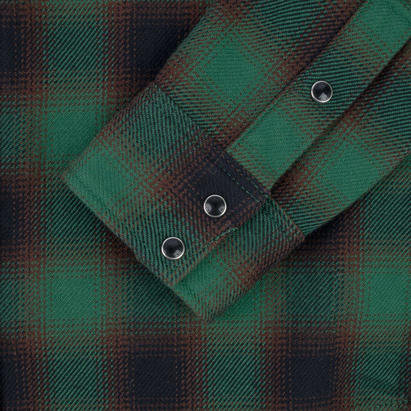 IHSH-373-GRN Ultra Heavy Flannel Ombré Check Western Shirt Green Cuff Detail