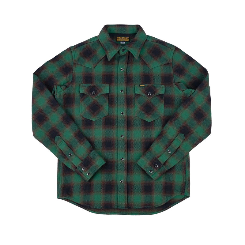 IHSH-373-GRN Ultra Heavy Flannel Ombré Check Western Shirt Green Front