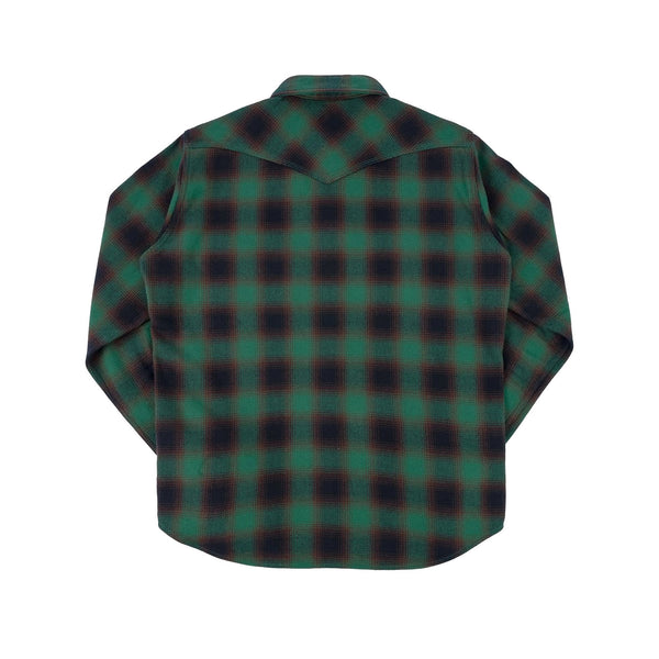 IHSH-373-GRN Ultra Heavy Flannel Ombré Check Western Shirt Green Rear