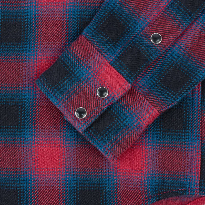 IHSH-373-RED Ultra Heavy Flannel Ombré Check Western Shirt Red Cuff Detail
