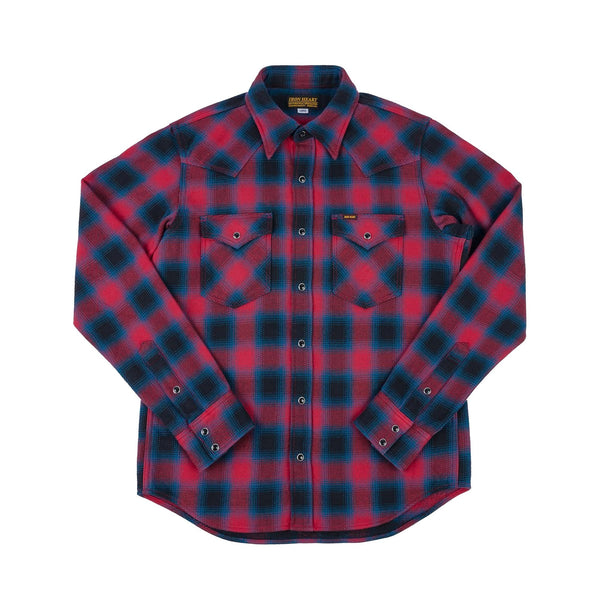 IHSH-373-RED Ultra Heavy Flannel Ombré Check Western Shirt Red Front