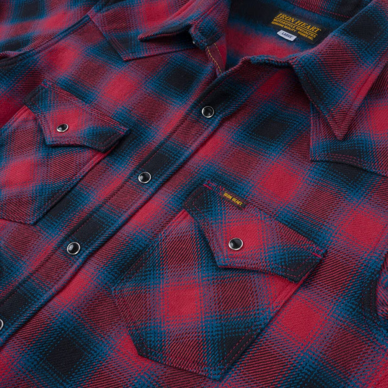 IHSH-373-RED Ultra Heavy Flannel Ombré Check Western Shirt Red Pocket Detail