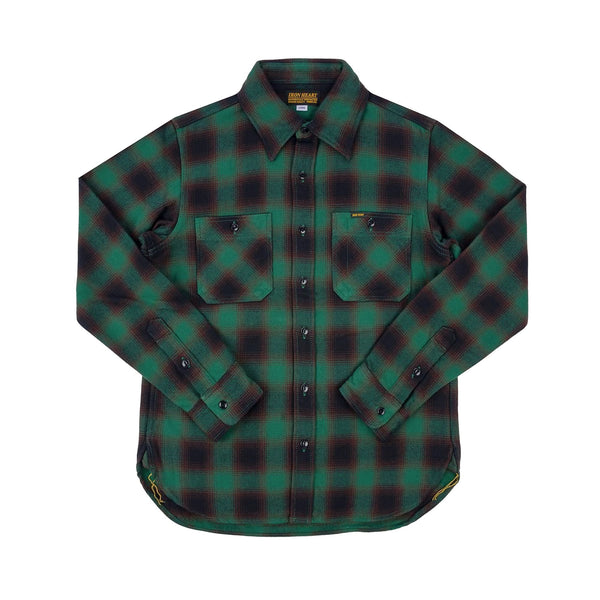IHSH-379-GRN Ultra Heavy Flannel Ombré Check Work Shirt Green Front