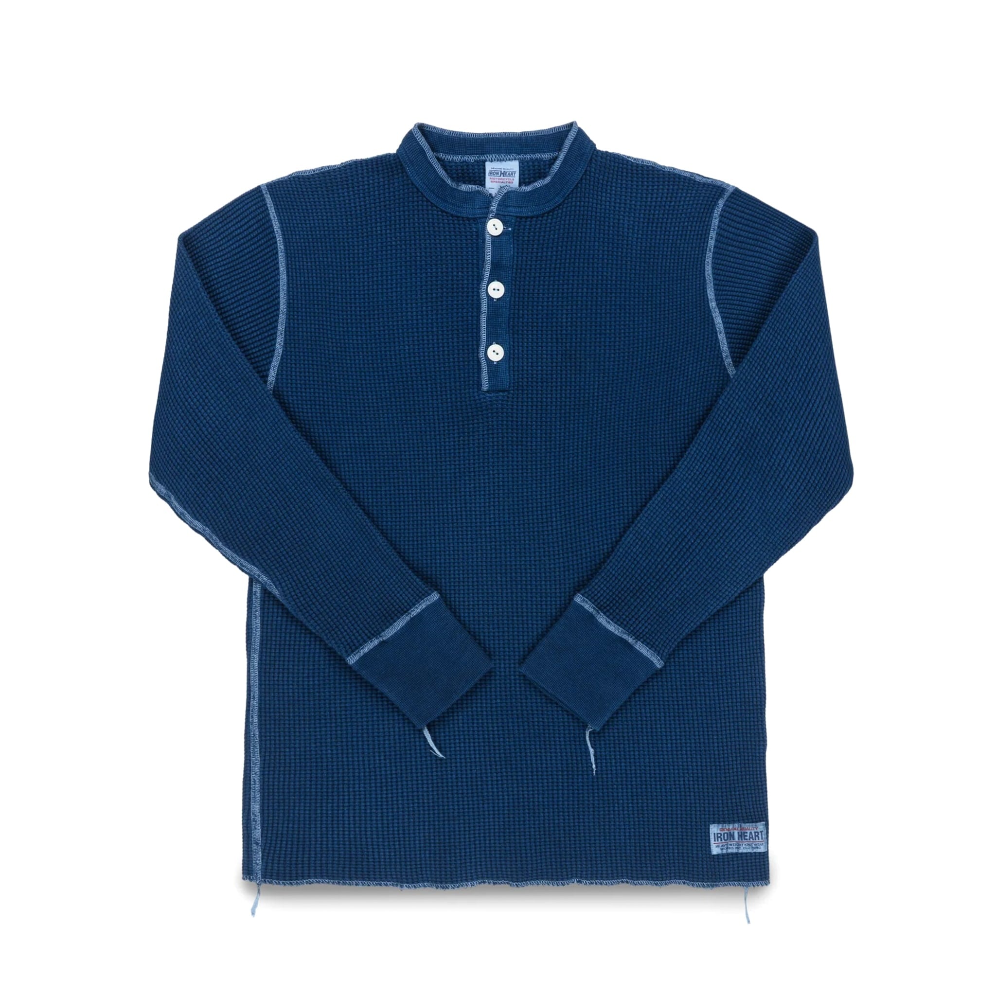 IHTL-1213-IND Waffle Knit Long Sleeved Thermal Henley - Indigo Dyed