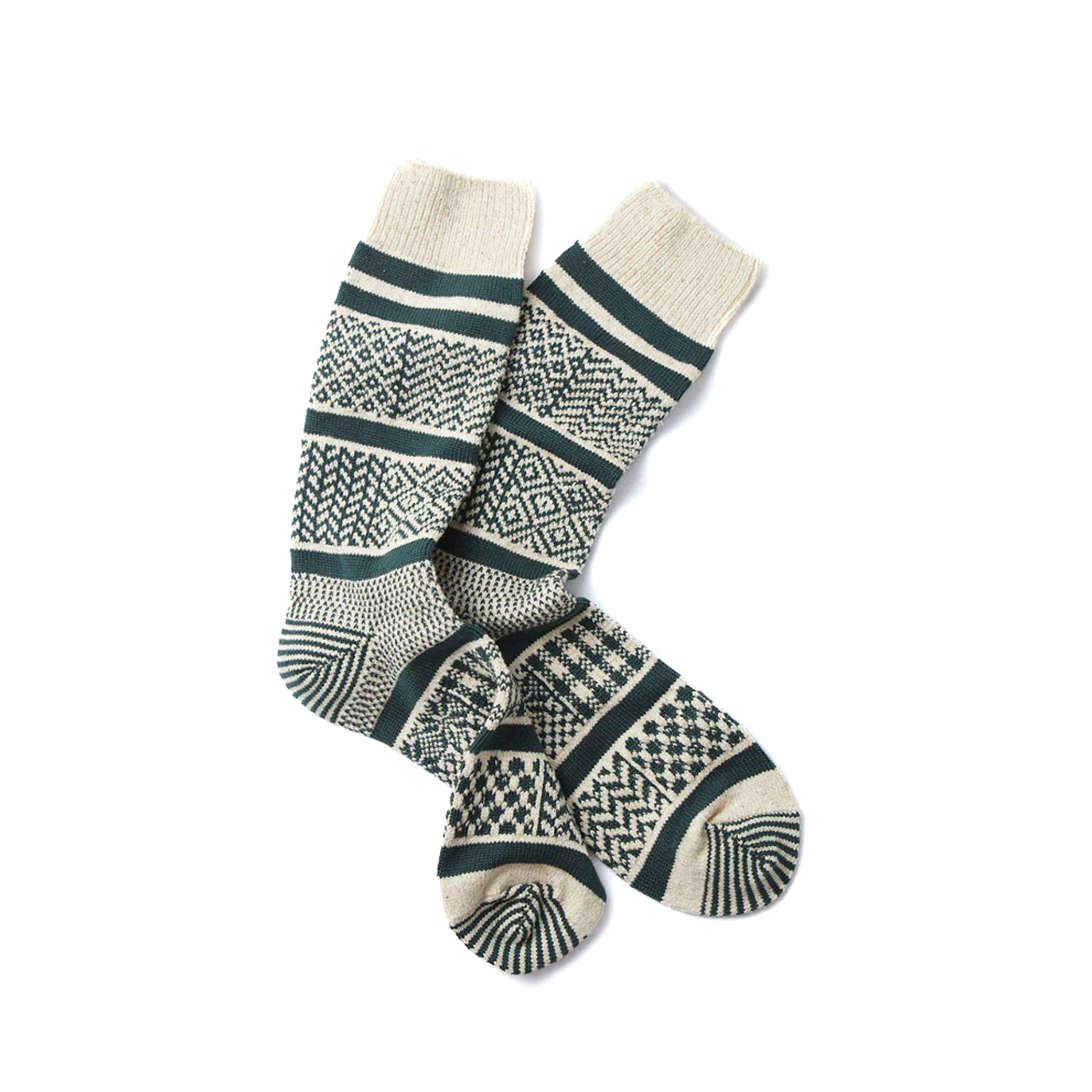Multi Jacquard Crew Socks - Ivory/Dark Green