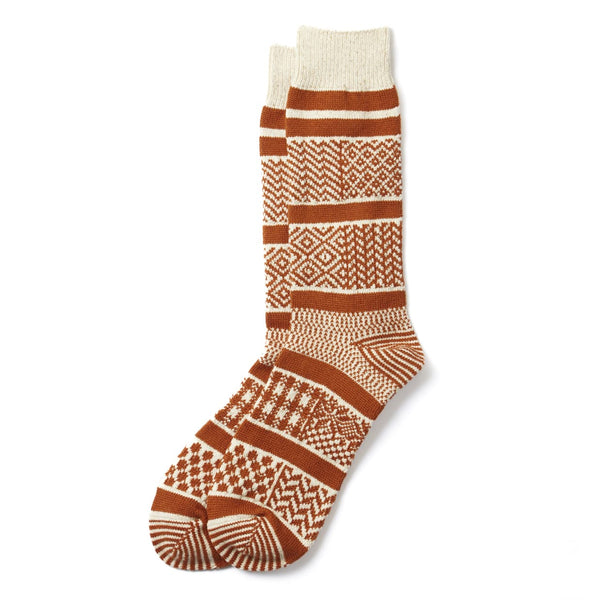 Multi Jacquard Crew Socks - Ivory/Rust