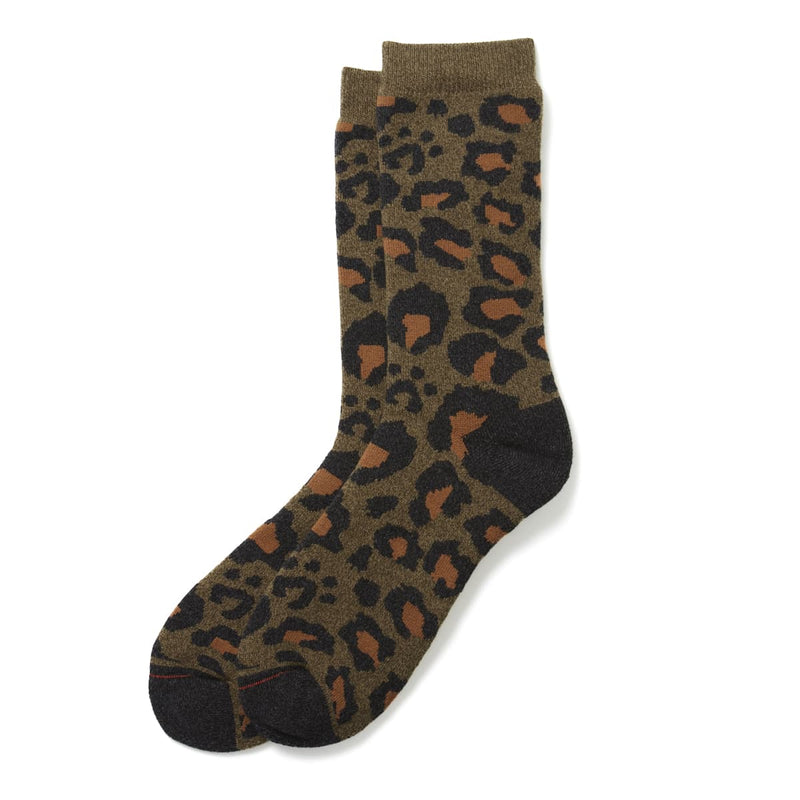 Pile Leopard Crew Socks - Dark Olive Leopard