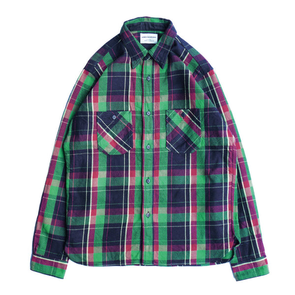 SIN23-01W Rope Dye Indigo Striped Heavy Flannel Work Shirt - Green