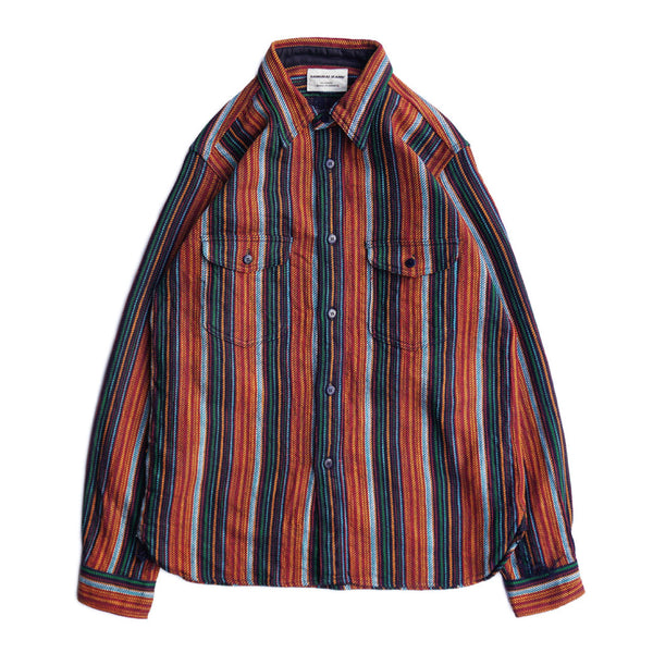 SIN23-02W Rope Dye Indigo Striped Heavy Flannel Work Shirt - Orange
