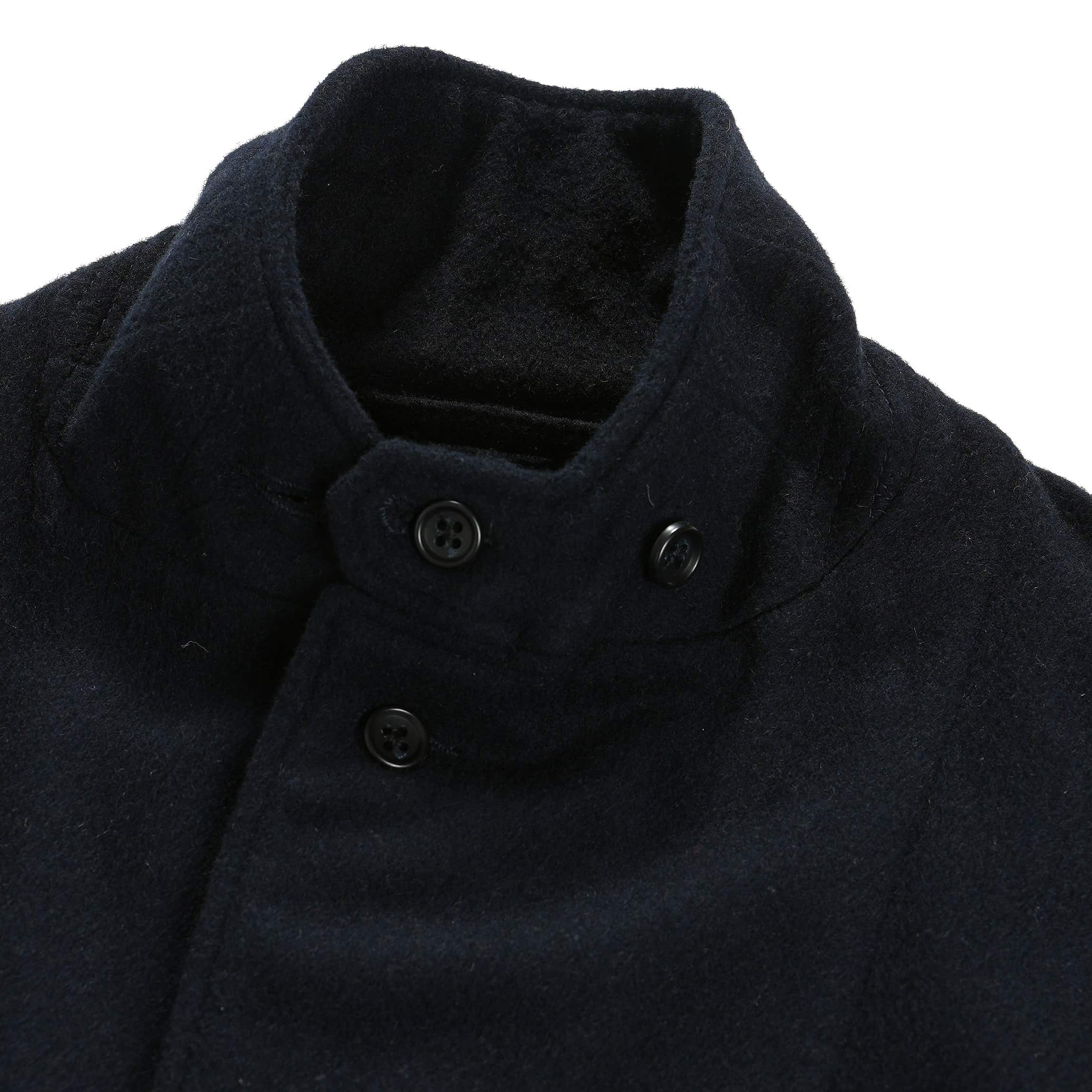 Engineered Garments Loiter Jacket Dark Navy Wool Polyester Heavy Flannel Throat Tab Detail