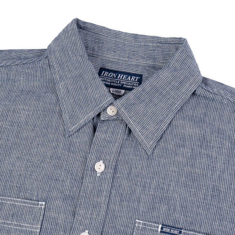 IHSH-285-PIN - 5.5oz Selvedge Pinstripe Chambray Short Sleeve Work Shirt - Indigo