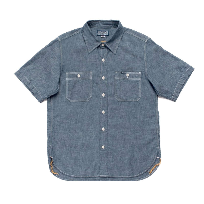 Iron Heart IHSH-285-IND - 5.5oz Selvedge Chambray Short Sleeved Work Shirt Indigo