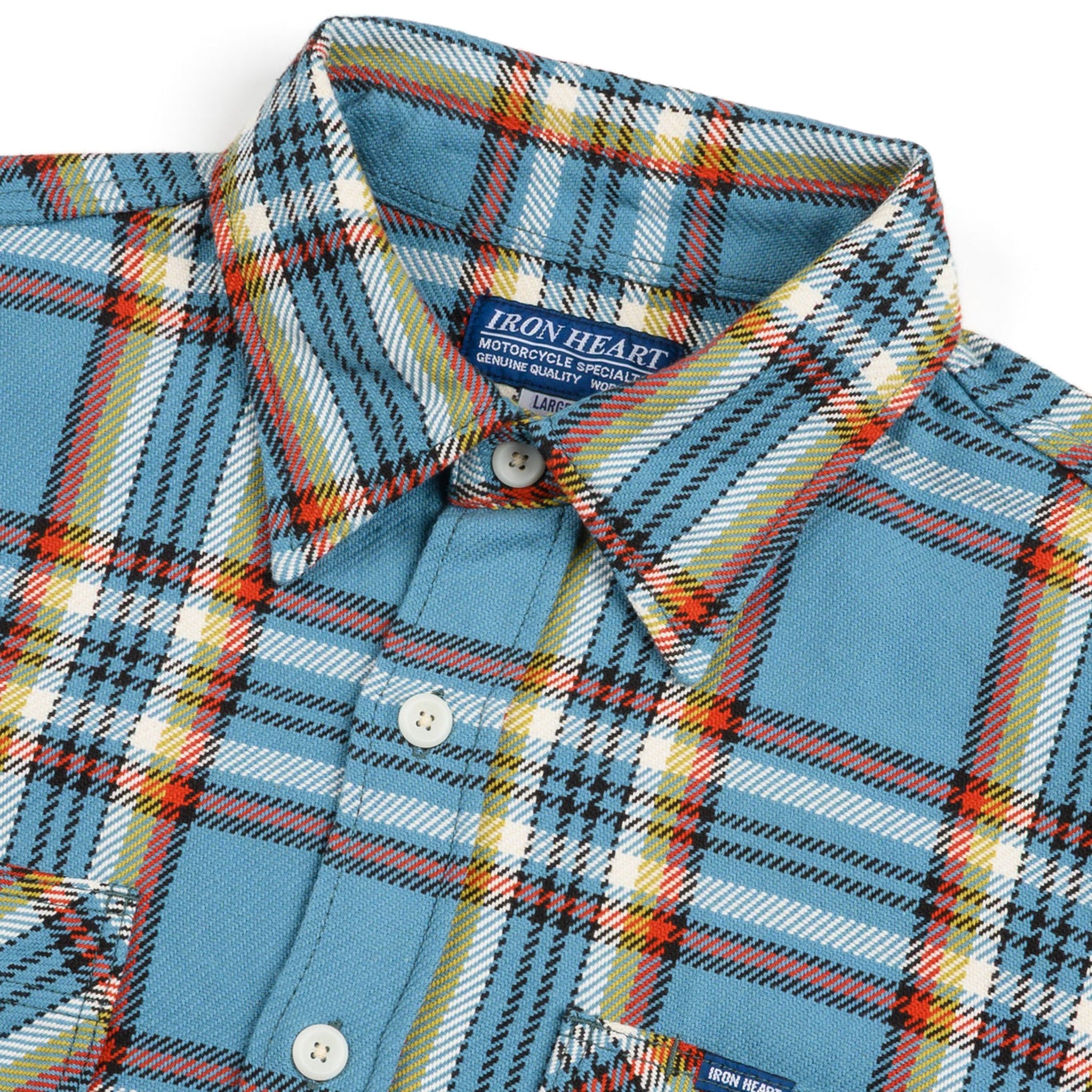 Iron Heart IHSH-442-SAX 9oz Selvedge Flannel Check Work Shirt Sax