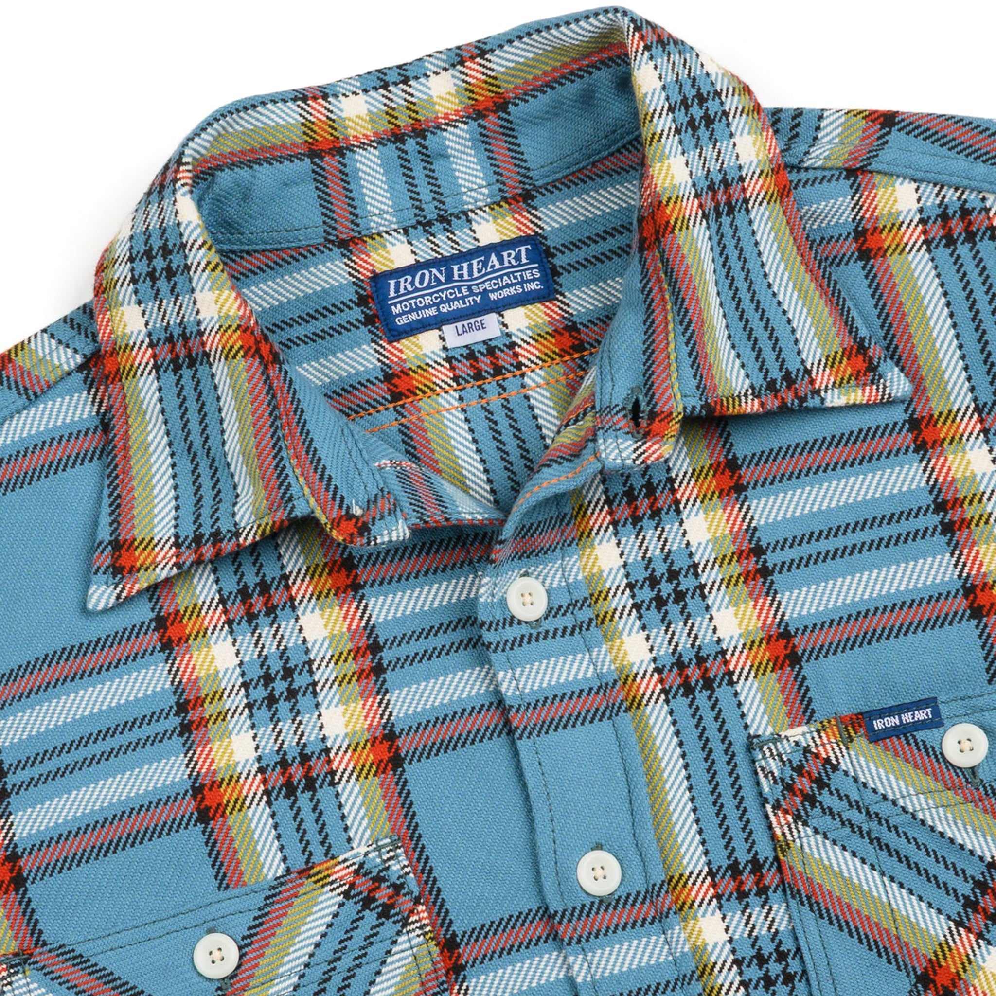 Iron Heart IHSH-442-SAX 9oz Selvedge Flannel Check Work Shirt Sax