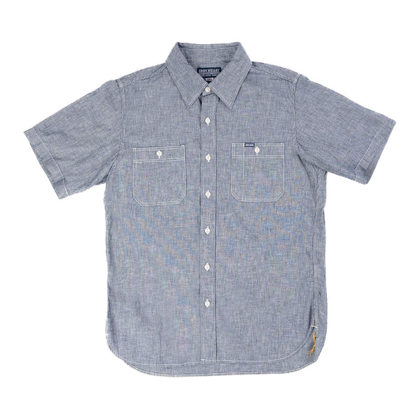 Iron Heart IHSH-285-PIN - 5.5oz Selvedge Pinstripe Chambray Short Sleeve Work Shirt Indigo