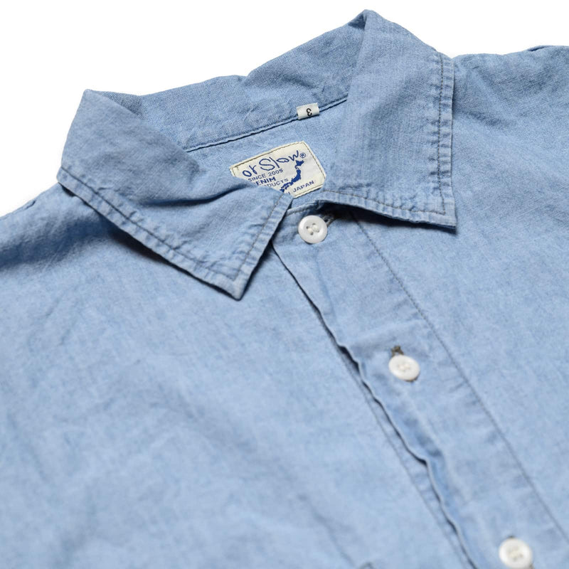 orSlow Chambray 60's Work Shirt Chambray Bleached Collar Detail