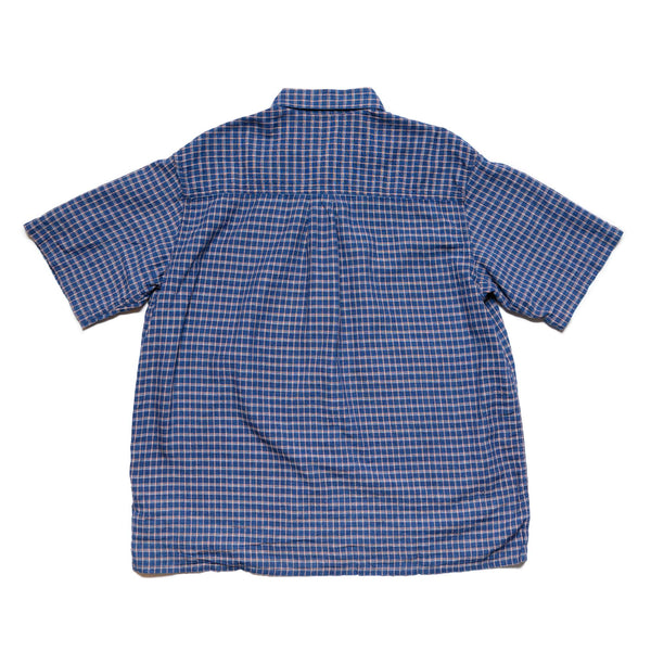 Cotton Linen Loose Fit Short Sleeve Shirt - Indigo Check