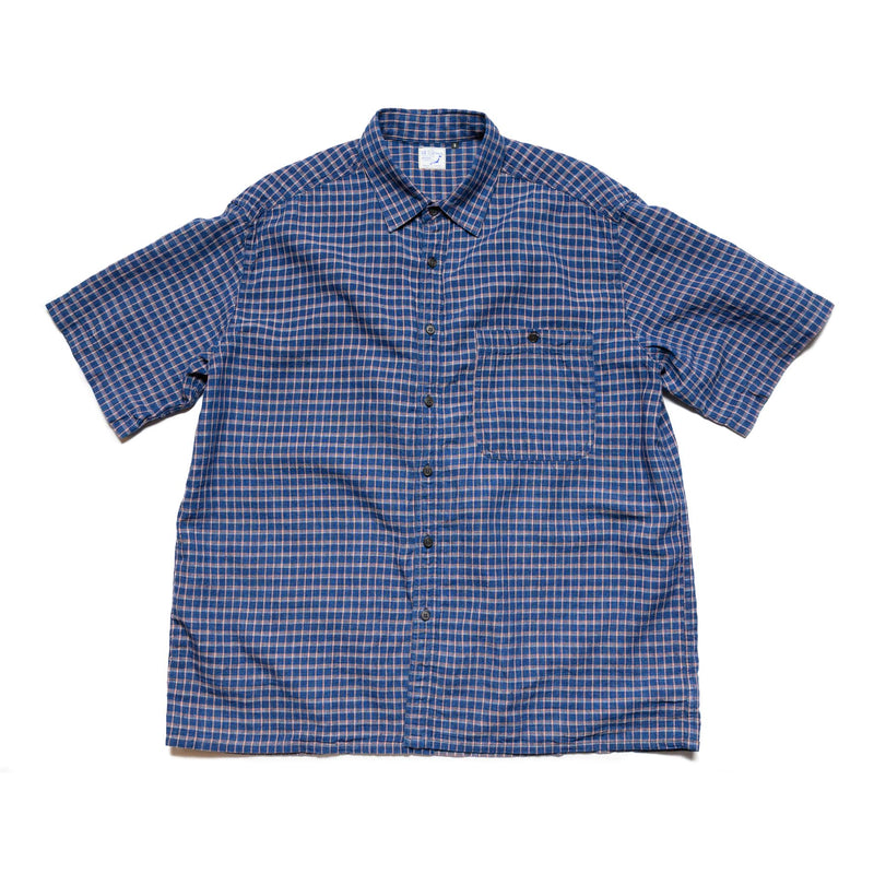 Cotton Linen Loose Fit Short Sleeve Shirt - Indigo Check