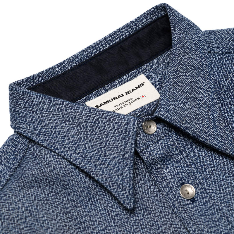 SSS23-AM Natural Indigo Heather Long Sleeve Shirt Natural Indigo Collar Detail