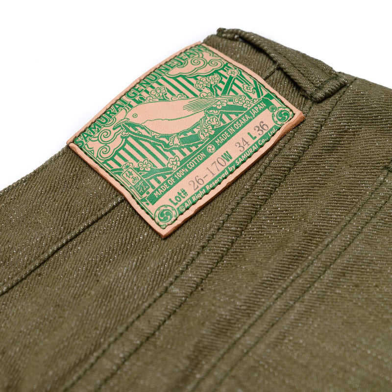 Samurai S0170GNX Uguisu Green Denim Slim Straight Tapered Leather Patch