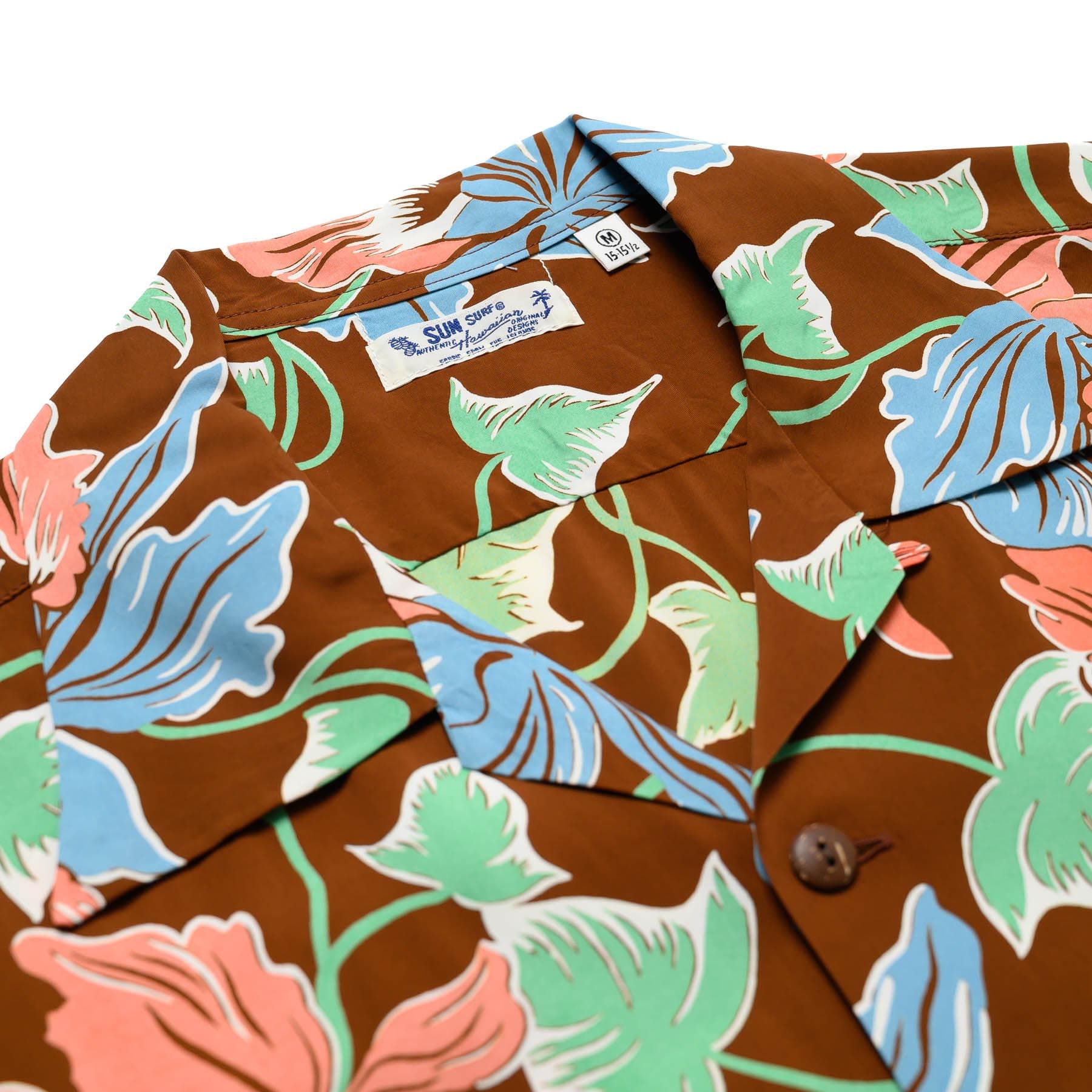 Sun Surf Cattleya Orchid Short Sleeve Hawaiian Brown Collar Detail 2