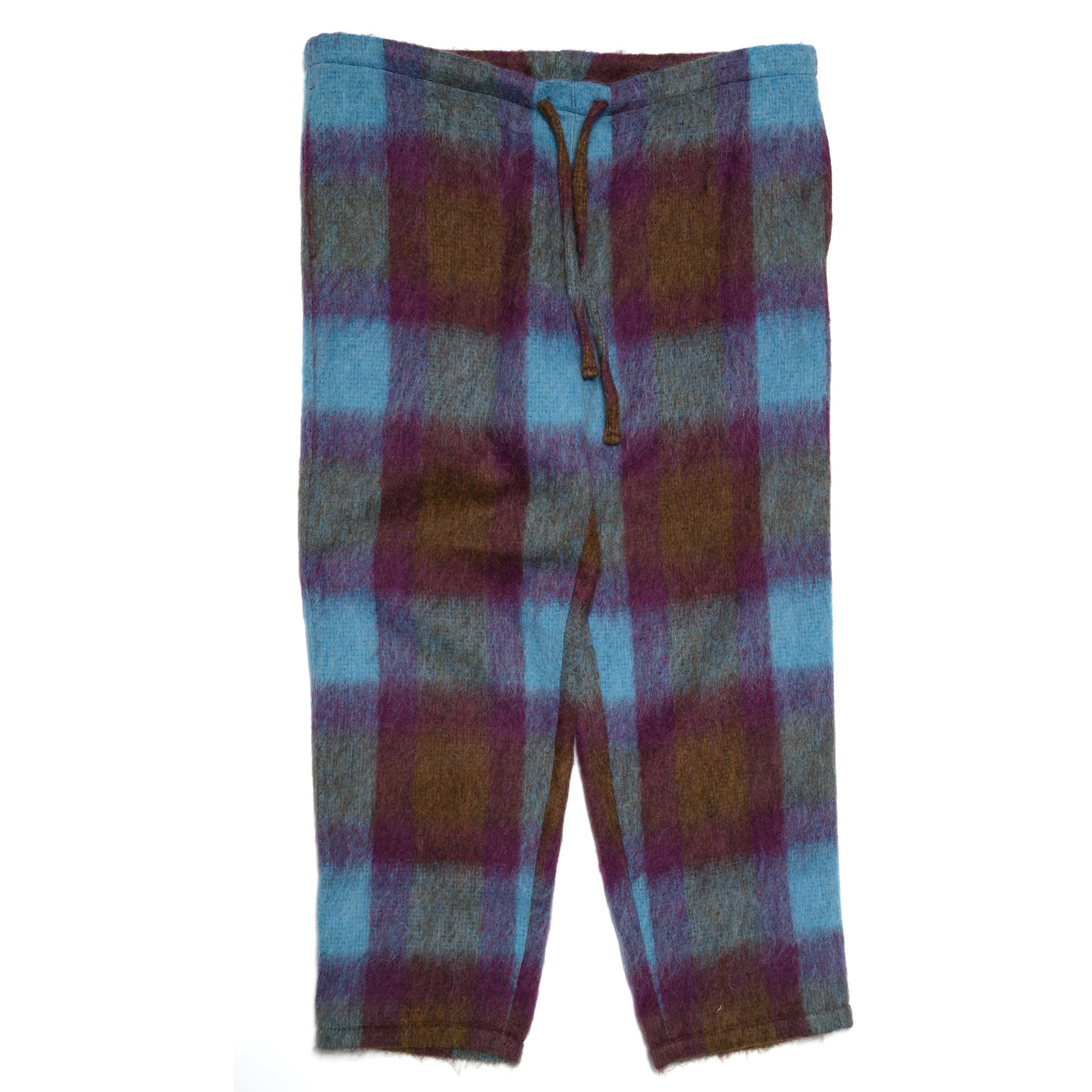 Drawstring Pants - Large Plaid Wool Blend Shaggy Cloth - Brown/Blue/Wine